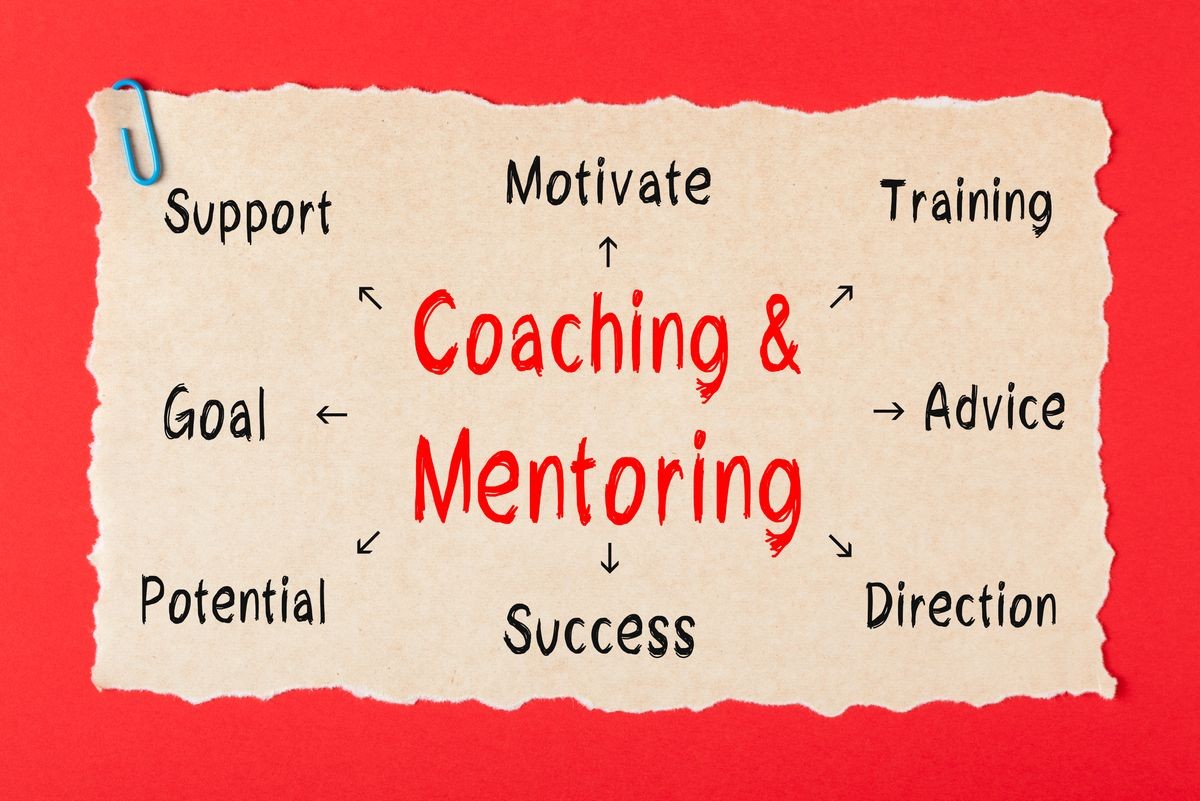 Coaching and Mentoring diagram writen on old paper with paperclip on red background. Business concept. 